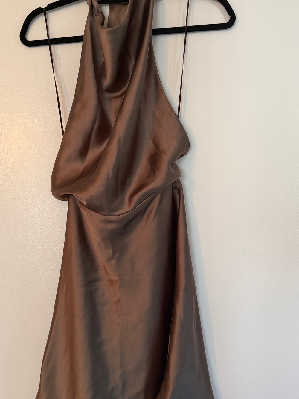 NWOT High-Neck Cowl-Neck Open-Back Satin Halter Slip Dress in Brown